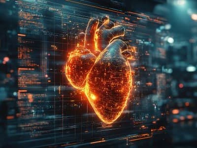 Digital heart representation showcasing technology and health advancements in a futuristic environment