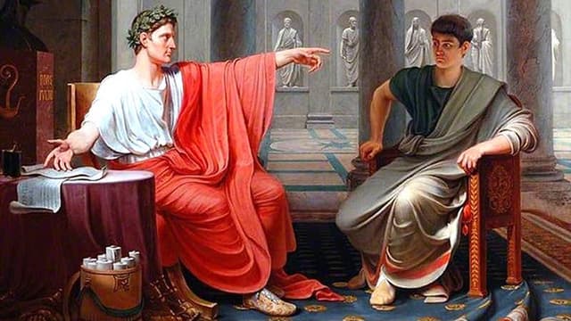 This painting depicts Emperor Augustus, seated and wearing a white and red toga, pointing at a man seated across from him.