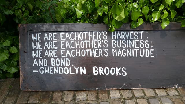 A large wooden plank rests on a sidewalk, surrounded by greenery. The poem "We are each other's harvest" by Gwendolyn Brooks has been painted on in white.